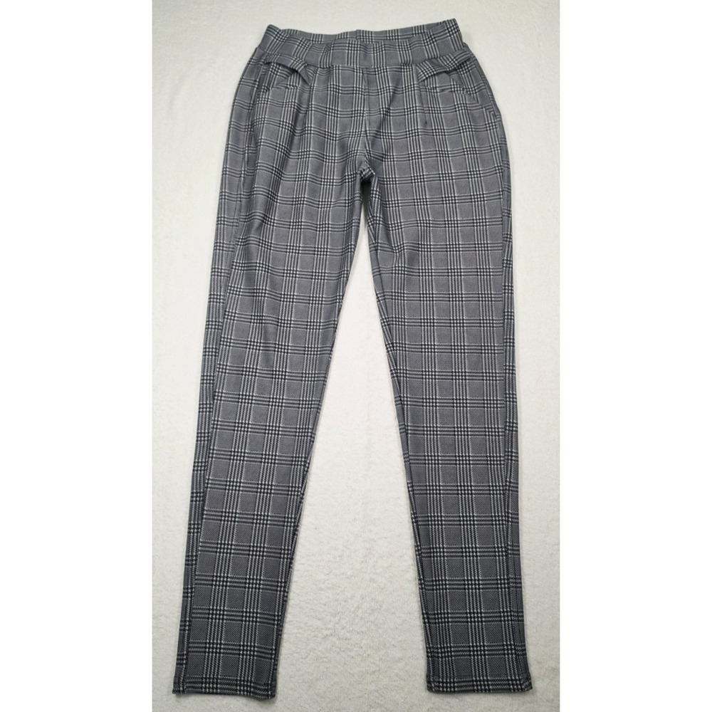 Indero Women's Dress Pants Sz S/M Gray Black Plaid Elastic Waist Pull-On Stretch